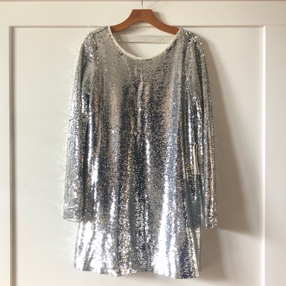 silver Sequin mini dress long sleeve size L